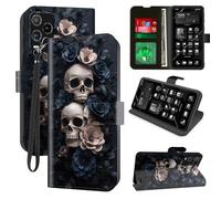 Decahouy for Blu View 5 Pro Wallet Phone Case with RFID Blocking, 4 Card Holders, Kickstand, Wrist Strap - Magnetic PU Leather Flip Case Protective Cover for Women & Men, Two Skulls & Flowers