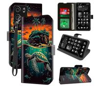 Decahouy for Blu View 5 Wallet Phone Case with RFID Blocking, 4 Card Holders, Kickstand, Wrist Strap - Magnetic PU Leather Flip Case Protective Cover for Women & Men,Green Sea Turtle and Island