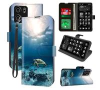 Decahouy for Blu View 5 Wallet Phone Case with RFID Blocking, 4 Card Holders, Kickstand, Wrist Strap - Magnetic PU Leather Flip Case Protective Cover for Women & Men,Green Sea Turtle Swiming