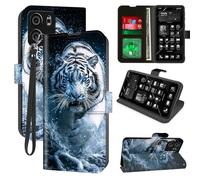 Decahouy for Blu View 5 Wallet Phone Case with RFID Blocking, 4 Card Holders, Kickstand, Wrist Strap - Magnetic PU Leather Flip Case Protective Cover for Women & Men,White Tiger with Blue Eyes
