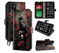 Decahouy for Blu View 5 Wallet Phone Case with RFID Blocking, 4 Card Holders, Kickstand, Wrist Strap - Magnetic PU Leather Flip Case Protective Cover for Women & Men, Black Raven&Red Plum Blossom