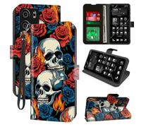 Decahouy for Blu View 5 Wallet Phone Case with RFID Blocking, 4 Card Holders, Kickstand, Wrist Strap - Magnetic PU Leather Flip Case Protective Cover for Women & Men, Skulls, Red Roses, Flames