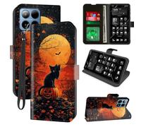 Decahouy for Boost Summit 5G 2024 Wallet Phone Case with RFID Blocking, 4 Card Holders, Kickstand, Wrist Strap - Magnetic Leather Flip Protective Cover for Women Men, Halloween,Lonely Black Cat
