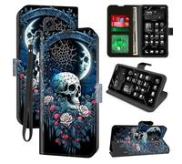 Decahouy for Consumer Cellular Iris Connect Wallet Phone Case with RFID Blocking, 4 Card Holders, Kickstand, Wrist Strap - Magnetic Leather Flip Case Protective Cover for Women&Men,Skull Roses Floral