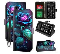 Decahouy for Consumer Cellular Iris Connect Wallet Phone Case with RFID Blocking, 4 Card Holders, Kickstand, Wrist Strap - Magnetic Leather Flip Case Protective Cover for Women&Men,Blue Rose Flower