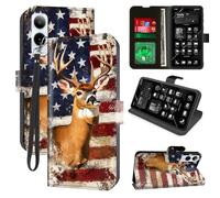 Decahouy for Cricket Icon 6(SL219C)/AT&T Verge(SL219A) Wallet Case with RFID Blocking, 4 Card Holders, Kickstand, Wrist Strap - Magnetic Leather Flip Phone Protective Cover,Vintage American Flag Deer