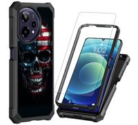 Decahouy for Cricket Icon Plus 2026 Phone Case with Tempered Glass Screen Protector, Heavy Duty Shockproof Rugged Bumper Dual Layer Cover Protective Case for Cricket Icon Plus+,American Flag Skull