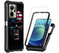 Decahouy for Cricket Outlast 5G 2024 Phone Case with Tempered Glass Screen Protector, Heavy Duty Shockproof Rugged Bumper Dual Layer Protective Cover Case for AT&T Motivate Pro,American Flag Skull