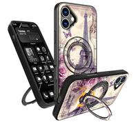 Decahouy for iPhone 16 Plus 6.7 inch Case with 360° Magnetic Rotatable Ring Kickstand, Shockproof Enhance Camera Protection Case, Compatible with MagSafe Car Phone Mount, Vintage Eiffel Tower & Roses