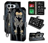 Decahouy for T-Mobile Revvl 8 Wallet Case with RFID Blocking, 4 Card Holders, Kickstand, Wrist Strap - Magnetic PU Leather Flip Phone Case Protective Cover for Women & Men，Two Skeleton Angels in Love