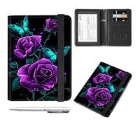 Decahouy Passport and Vaccine Card Holder Cover Combo,Travel Passport Holder Wallet with RFID Blocking, Leather Vaccine Card Slot Passport Cover Case for Women & Men, Purple Roses Green Butterflies