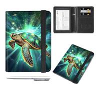Decahouy Passport and Vaccine Card Holder Cover Combo,Travel Passport Holder Wallet with RFID Blocking, Leather Vaccine Card Slot Passport Cover Case for Women & Men, Elegant Green Sea Turtle, with