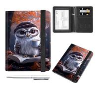 Decahouy Passport and Vaccine Card Holder Cover Combo,Travel Passport Holder Wallet with RFID Blocking, Leather Vaccine Card Slot Passport Cover Case for Women & Men, Mr. Owl Drinks Coffee, with Pen