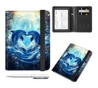 Decahouy Passport and Vaccine Card Holder Cover Combo,Travel Passport Holder Wallet with RFID Blocking, Leather Vaccine Card Slot Passport Cover Case for Women & Men, Two Blue Love Dolphins, with Pen
