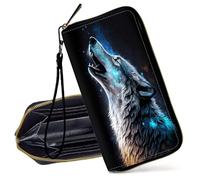 Decahouy RFID Blocking Wristlet Wallet for Women, Slim PU Leather Clutch Purse with Zipper, Blue Wolf Howlings, Classic