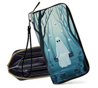 Decahouy RFID Blocking Wristlet Wallet for Women - Slim PU Leather Zipper Clutch, Cute Credit Card Holder Purse with Wrist Strap for Ladies, Ghost Sitting on The Swing