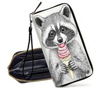 Decahouy RFID Blocking Wristlet Wallet for Women - Slim PU Leather Zipper Clutch, Cute Credit Card Holder Purse with Wrist Strap for Ladies, Cute Raccoon Eating Ice Cream
