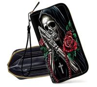 Decahouy RFID Blocking Wristlet Wallet for Women - Slim PU Leather Zipper Clutch, Cute Credit Card Holder Purse with Wrist Strap for Ladies, A Skeleton with Praying Hands