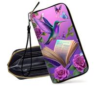 Decahouy RFID Blocking Wristlet Wallet for Women - Slim PU Leather Zipper Clutch, Cute Credit Card Holder Purse with Wrist Strap for Ladies, Hummingbird, Pink Rose, Book