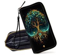 Decahouy RFID Blocking Wristlet Wallet for Women - Slim PU Leather Zipper Clutch, Cute Credit Card Holder Purse with Wrist Strap for Ladies, Golden Jesus Large Cross
