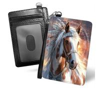Decahouy Slim Minimalist Credit Card Holder Wallet for Men & Women [Wrist Strap], RFID Block Front Pocket Card Case, PU Leather Small Wallets with Keychian & ID Window, Brown White Appaloosa Horse