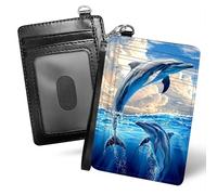 Decahouy Slim Minimalist Credit Card Holder Wallet for Men & Women [Wrist Strap], RFID Block Front Pocket Card Case, PU Leather Small Wallets with Keychian & ID Window, Two Cute Dolphins, Card