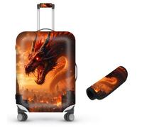 Decahouy Suitcase Cover for Luggage 18-21 Inch, Washable Elastic Anti-Scratch Luggage Protector, Durable Zipper Baggage Cover with Handle Wrap, Travel Accessories for Suitcase, City Flame Dragon, M