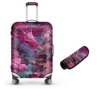 Decahouy Suitcase Cover for Luggage 18-21 Inch, Washable Elastic Anti-Scratch Luggage Protector, Durable Zipper Baggage Cover with Handle Wrap, Travel Accessories for Suitcase, Pink Dragon and