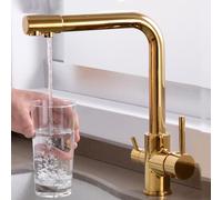 DECAKE Kitchen Tap Filter for Drinking Water 3 Way, Kitchen Sink Mixer Tap 360° Swivel Spout Kitchen Tap Hot and Cold Gold