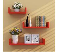 DECAKE Rustic U-Shaped Floating Wood Shelves - Set of 3 Wall-Mounted Storage for Bedroom Kitchen & Living Room Stylish Red Décor Solution