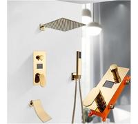 DECAKE Shower Kits, Gold Shower Faucet Set Digital Display Rain Bathroom Shower Systems Wall Mount Waterfall Hot Cold Mixer Bath Tap (One Color 3 Way 10 Inch)