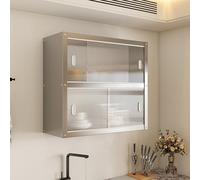 DECAKE Stainless Steel Kitchen Wall Cabinet with Acrylic Sliding Doors, 2-Tier Metal Mounted Hanging Storage Organizer for Spices and Dishes