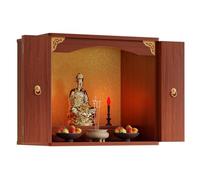 DECAKE Wall Mounted Buddha Shrine with Folding Doors, Wooden Pooja Mandir and Prayer Table, Small Meditation Altar for Home, Ancestral God Stand Shelf
