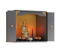 DECAKE Wall Mounted Buddha Shrine with Folding Doors, Wooden Pooja Mandir and Prayer Table, Small Meditation Altar for Home, Ancestral God Stand Shelf