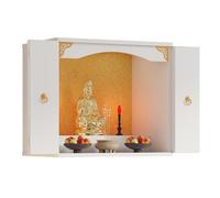 DECAKE Wall Mounted Buddha Shrine with Folding Doors, Wooden Pooja Mandir and Prayer Table, Small Meditation Altar for Home, Ancestral God Stand Shelf