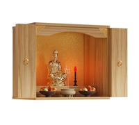 DECAKE Wall Mounted Buddha Shrine with Folding Doors, Wooden Pooja Mandir and Prayer Table, Small Meditation Altar for Home, Ancestral God Stand Shelf