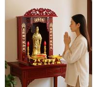 DECAKE Wall Mounted Desktop Buddhist Altar Cabinet with Free Bracket Retractable Tray Reversible Carved Top Wooden Pooja Mandir Butsudan Table(C,31CM/12.2IN)