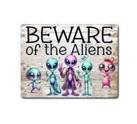 Decalarama Alien Metal Sign Gift - Beware Of The Aliens - Cute Fun Space Novelty Aluminium Present