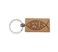 Decalarama Jesus Keyring Gift - Jesus Text Ichthys Fish - Cute Engraved Wooden Key Fob Novelty Nice Christian Custom Gift