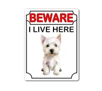 decalarama Westie Metal Sign Gift - Beware I Live Here - Cute Fun Dog Novelty Aluminium Present