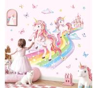 decalmile 2 Large Unicorn Rainbow Wall Decals Fairy Castle Cloudy Butterfly Wall Stickers Girls Bedroom Baby Nursery Kids Room Home Decor