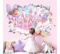 decalmile 3D Fairy Princess Wall Decals Castle Unicorn Crack Hole Rainbow Wall Stickers Girls Bedroom Baby Nursery Kids Room Wall Decor
