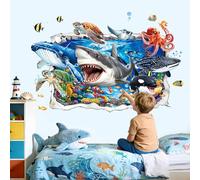 decalmile 3D Ocean Animals Break Through Wall Stickers Sea Animals Shark Turtle Whale Tropical Fish Wall Decals Bathroom Baby Nursery Kids Bedroom Playroom Home Decor