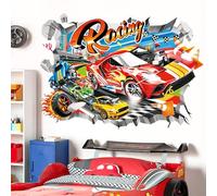 decalmile 3D Racing Cars Red Flags Boys Wall Decals Stickers