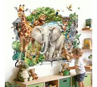 decalmile 3D Safari Animals Wall Stickers Break Through Jungle Animals Giraffe Elephant Wall Decals Baby Nursery Kids Bedroom Playroom Wall Decor
