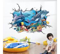 decalmile 3D Under The Sea Dolphin Fish Wall Decals Ocean Turtle Seaweed Broken Wall Stickers Boys Bedroom Living Room Bathroom Wall Decor