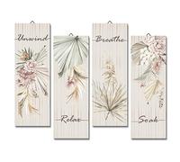 decalmile 4 Pieces Palm Leaves Wooden Wall Art Flowers Plants Wood Wall Hangings Boho Wooden Plaque Bedroom Living Room Bathroom Wall Decor