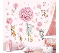 decalmile Animal Flower Pink Dandelion Wall Stickers Forest Animals Elephant Fox Monkey Wall Decals Baby Nursery Girls Bedroom Kids Room Wall Decor
