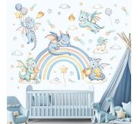 decalmile Baby Dragon Rainbow Wall Decals Blue Stars Balloon Clouds Wall Stickers Baby Boys Bedroom Kids Nursery Wall Decor