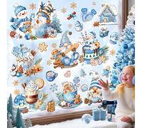 decalmile Blue Winter Gnomes Double Sided Window Clings Reusable Christmas Gingerbread Man Cookies Snowman Snowflake Anti-Collision Glass Doors Window Stickers Decals
